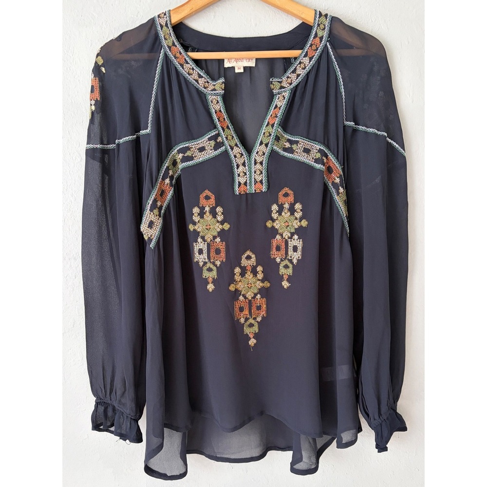 All About Her Womens Embroidered Sheer Blouse M Boho Peasant Top Indie Whimsical